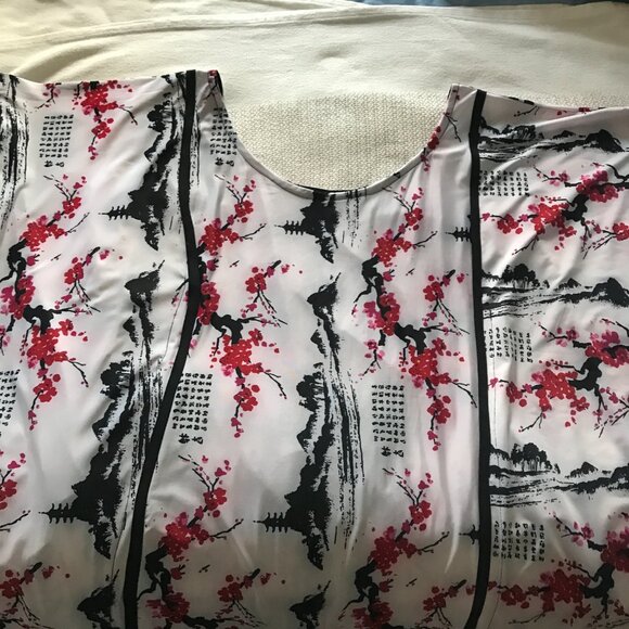 Sakura Cherry Blossom Landscape Print Maxi Caftan Japanese Asian White PinkBlack - Picture 5 of 6